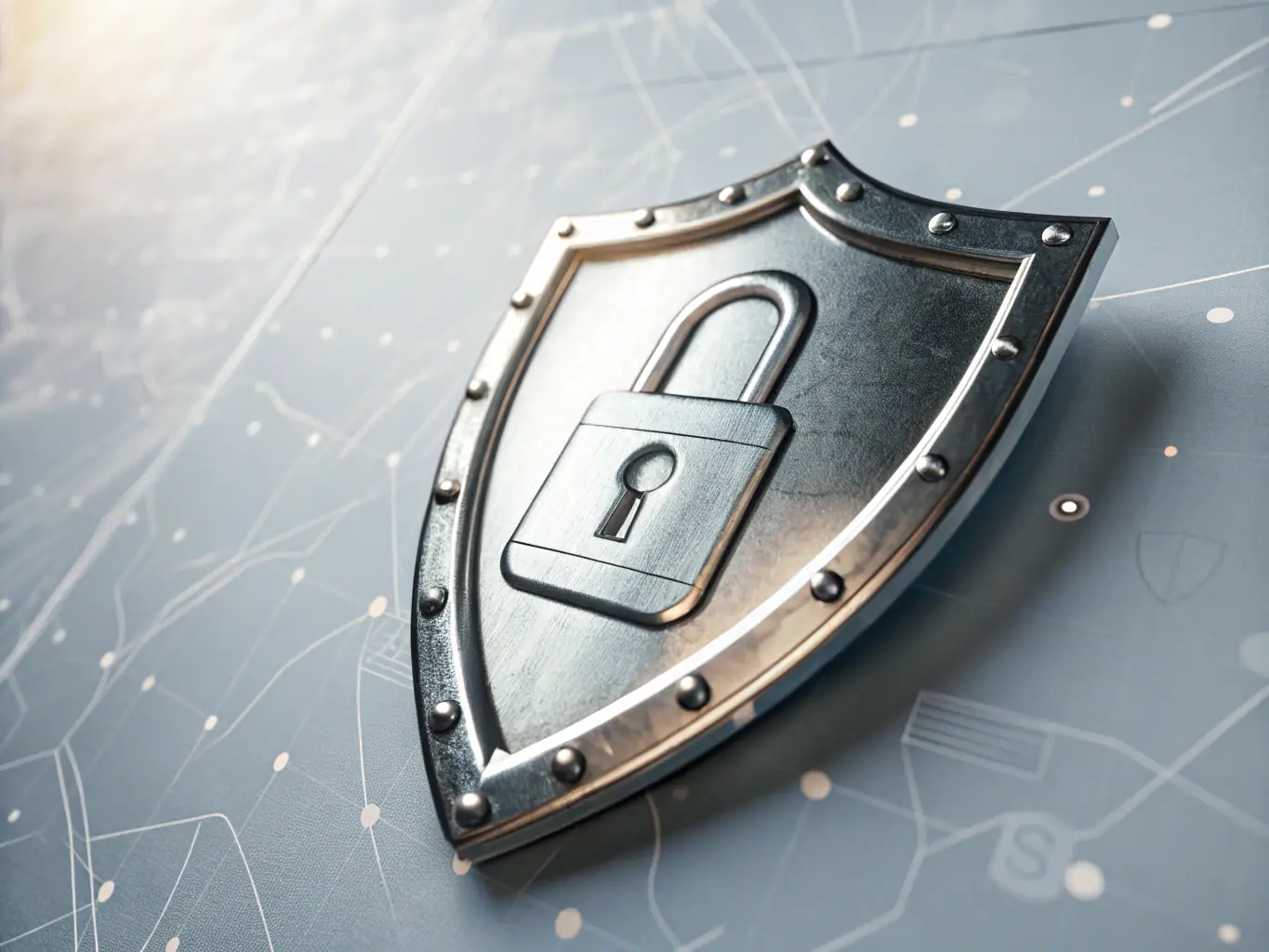 A digital shield and lock icon, representing cybersecurity and data protection.