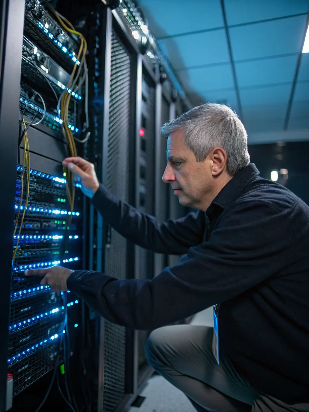 A network engineer configuring a server rack in a data center, highlighting NSTA Technologies' expertise in IT infrastructure setup.